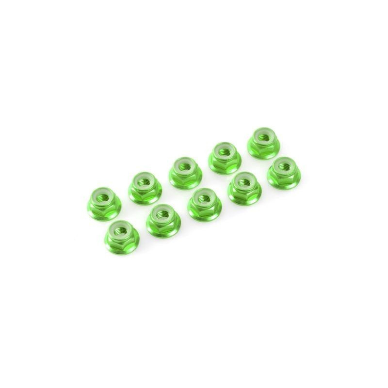 Flanged nylstop nut M3 Green , Aluminium (10pcs)
