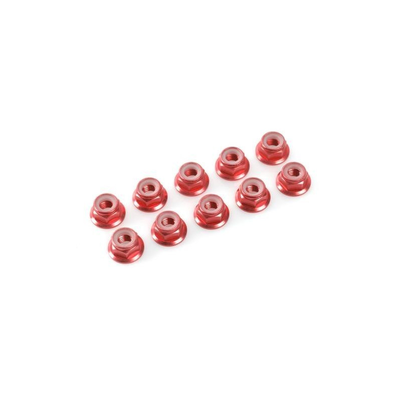 Flanged nylstop nut M3 Red , Aluminium (10pcs)