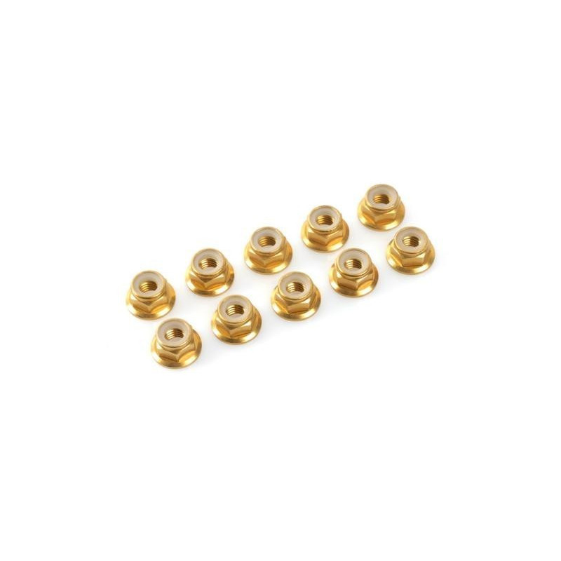 Flanged nylstop nut M4 Gold , Aluminium (10pcs)