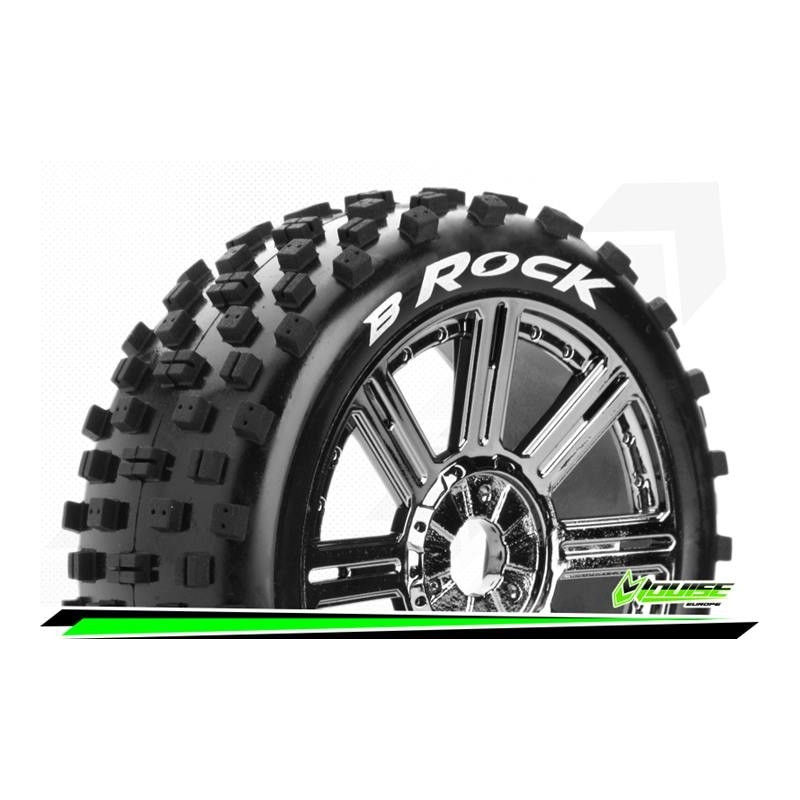 B-ROCK - 1-8 Buggy Tire Set - Mounted - Soft - Black-Chrome