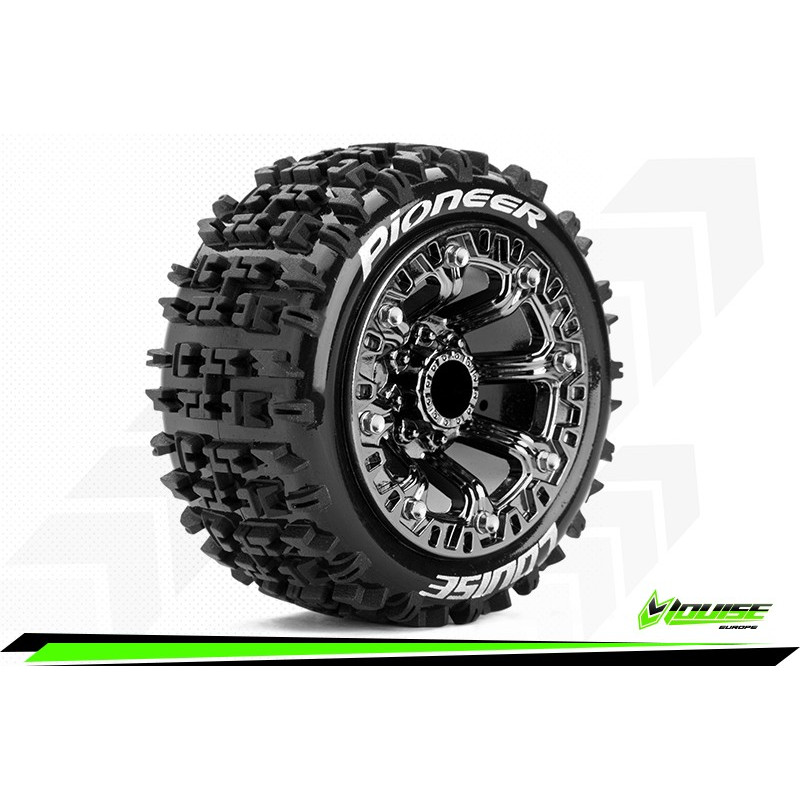 Louise RC ST-PIONEER 1:16 Truck Tire Set Mounted Sport Black Chrome 2.2 Wheels 12mm